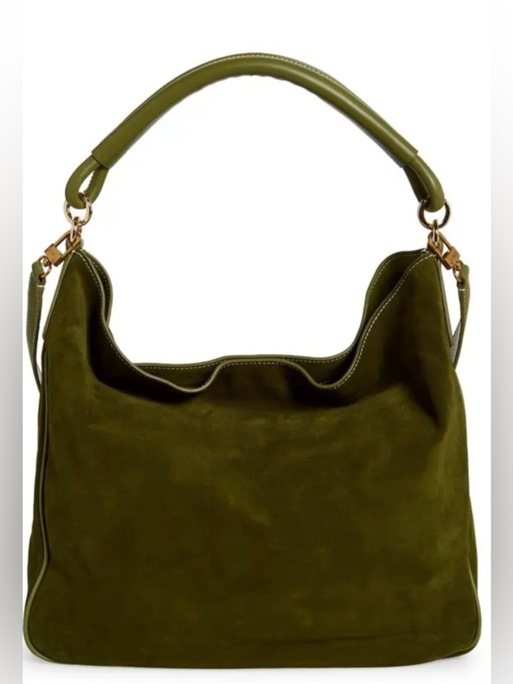 STAUD Olive Suede Hobo Shoulder Bag with Gold Hardware
